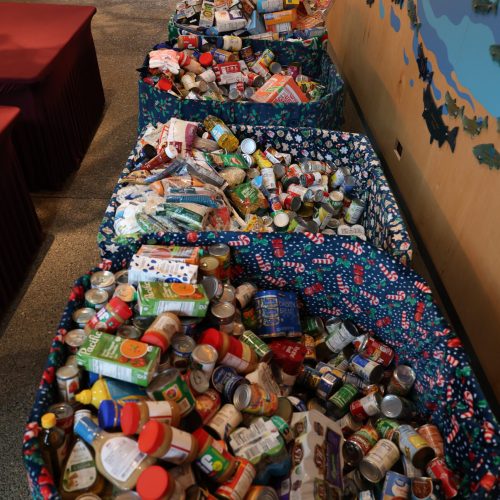 Bins of food donations collected during the Sea of Lights "Food Drive Weekend"